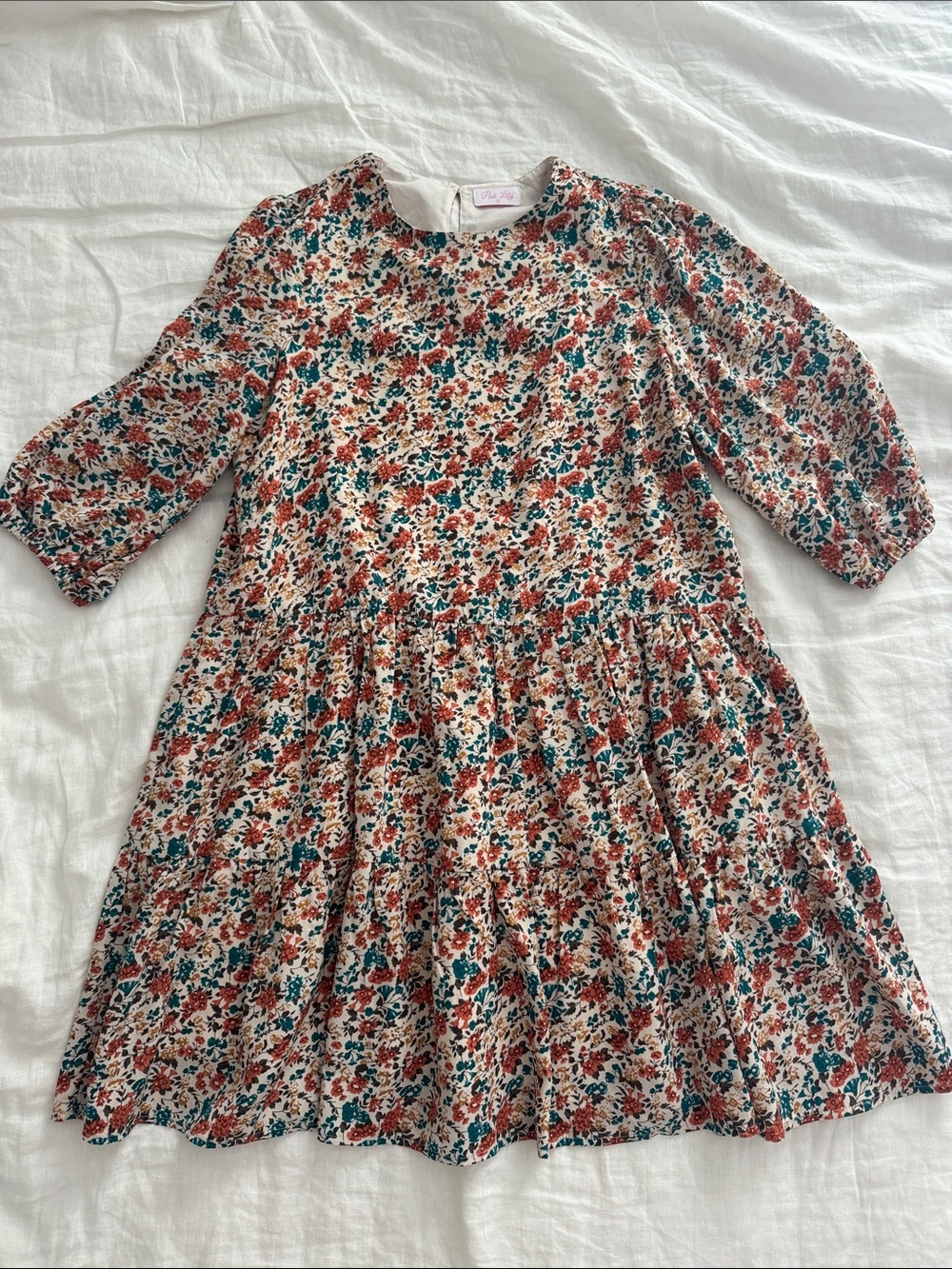 Floral Tiered Dress in Cream, Rust & Teal